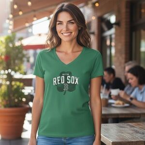 MLB Boston Red Sox Green Clover Women's V-Neck Top